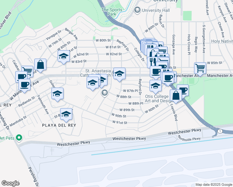 map of restaurants, bars, coffee shops, grocery stores, and more near 7370 West 88th Street in Los Angeles