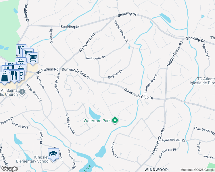 map of restaurants, bars, coffee shops, grocery stores, and more near 5360 Waterford Drive in Dunwoody