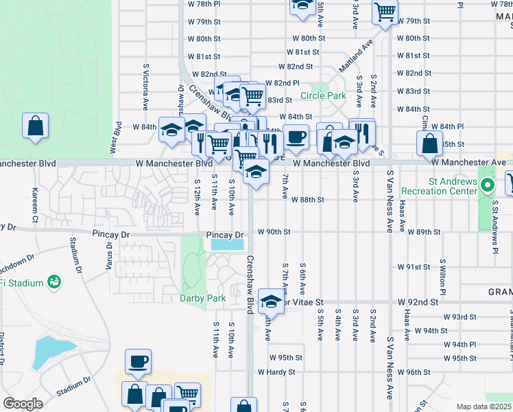 map of restaurants, bars, coffee shops, grocery stores, and more near 8808 Crenshaw Boulevard in Inglewood
