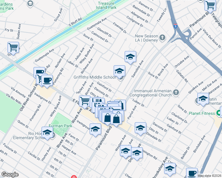 map of restaurants, bars, coffee shops, grocery stores, and more near 7845 Gainford Street in Downey