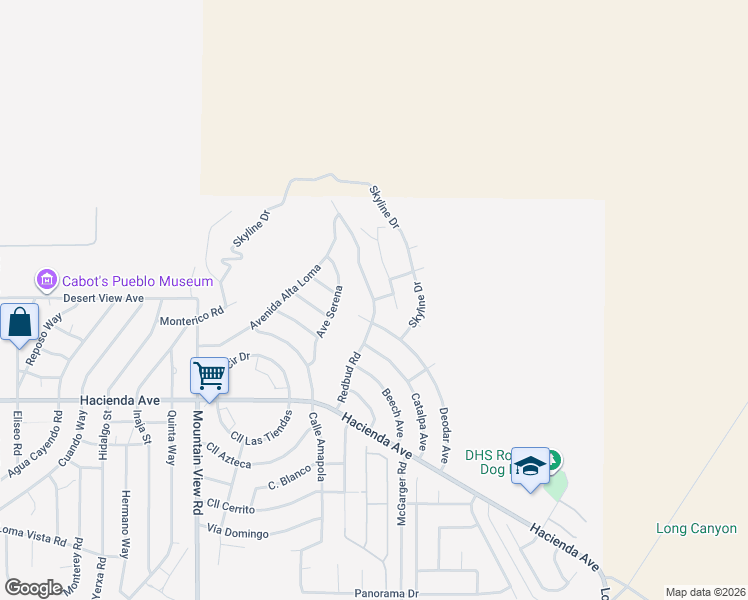 map of restaurants, bars, coffee shops, grocery stores, and more near Redbud Road in Desert Hot Springs