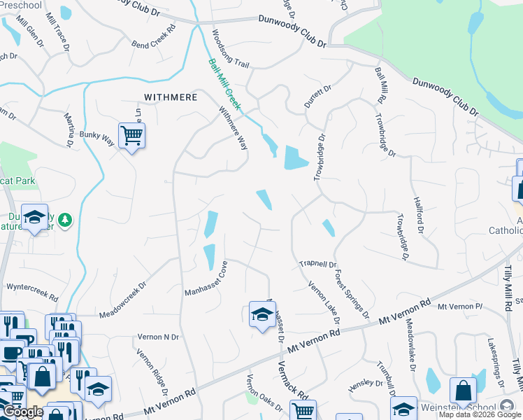 map of restaurants, bars, coffee shops, grocery stores, and more near 1646 Manhasset Farm Road in Dunwoody