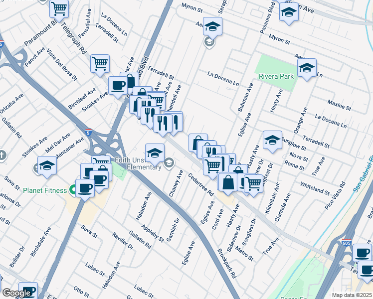 map of restaurants, bars, coffee shops, grocery stores, and more near 9253 Telegraph Road in Pico Rivera