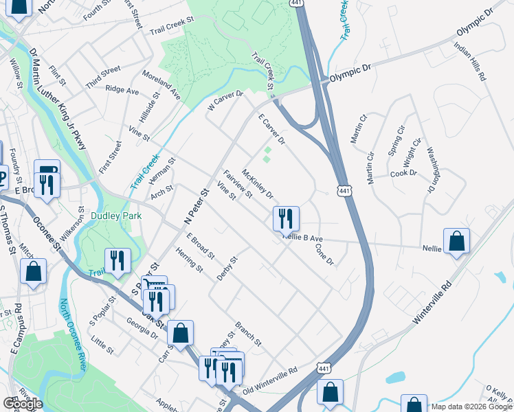 map of restaurants, bars, coffee shops, grocery stores, and more near 375 Vine Street in Athens