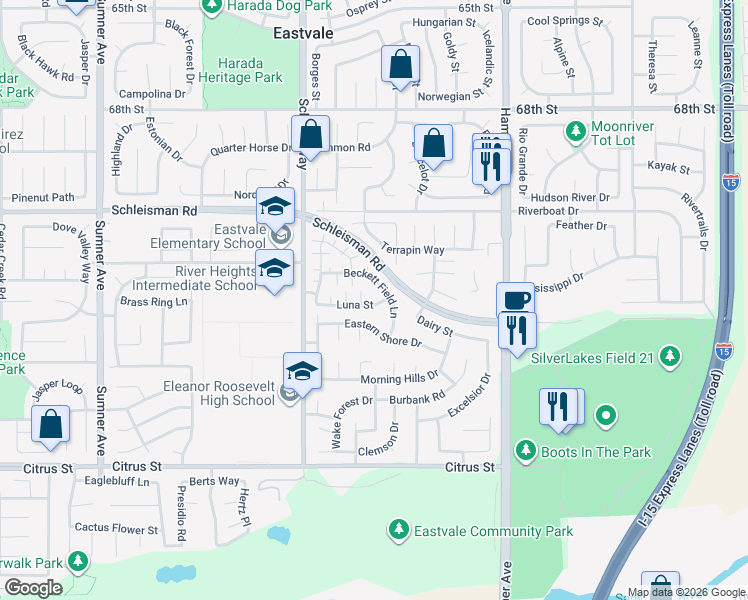 map of restaurants, bars, coffee shops, grocery stores, and more near 12836 Luna Street in Corona