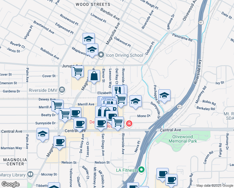 map of restaurants, bars, coffee shops, grocery stores, and more near 3550 Elizabeth Street in Riverside