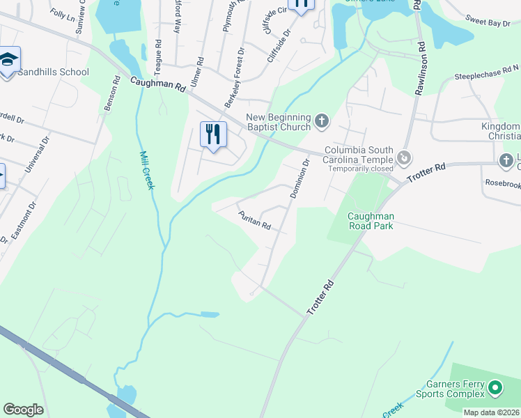 map of restaurants, bars, coffee shops, grocery stores, and more near 9501 Puritan Road in Columbia