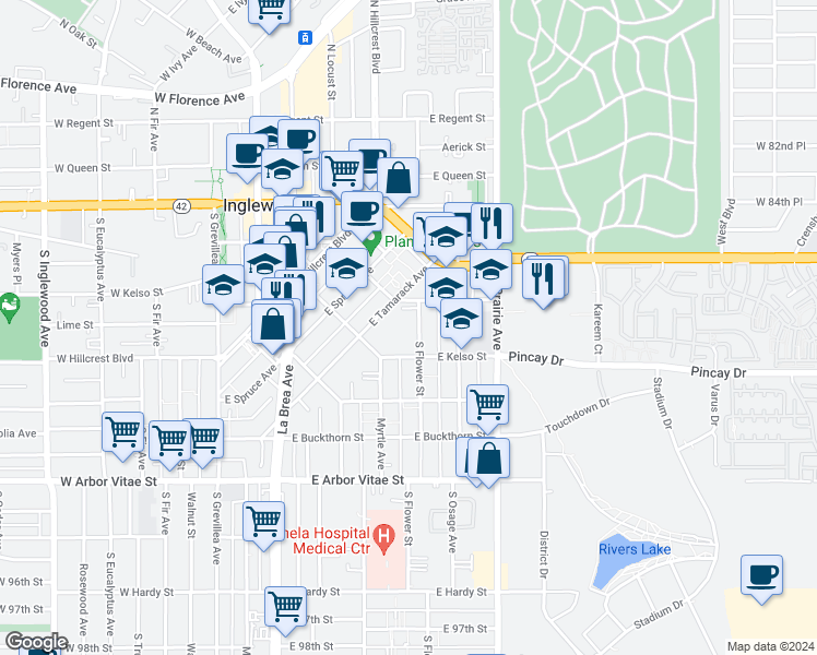 map of restaurants, bars, coffee shops, grocery stores, and more near 521 South Flower Street in Inglewood