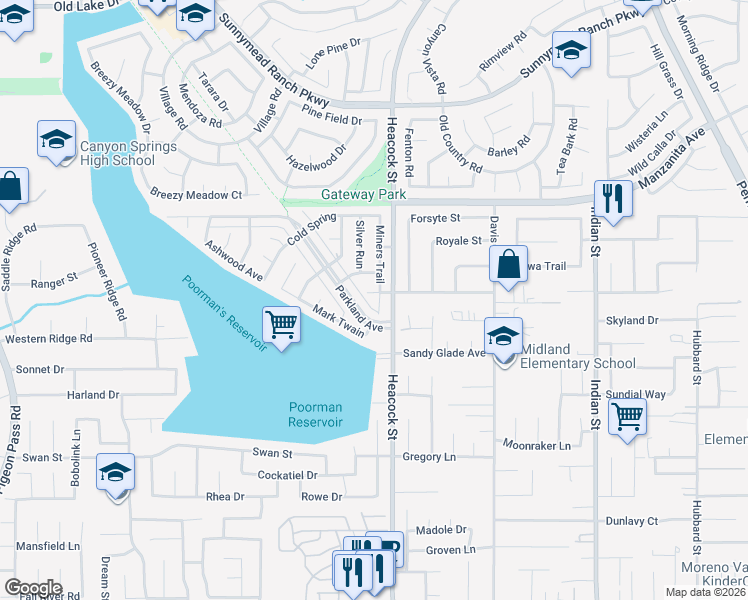 map of restaurants, bars, coffee shops, grocery stores, and more near 11280 Miners Trail in Moreno Valley