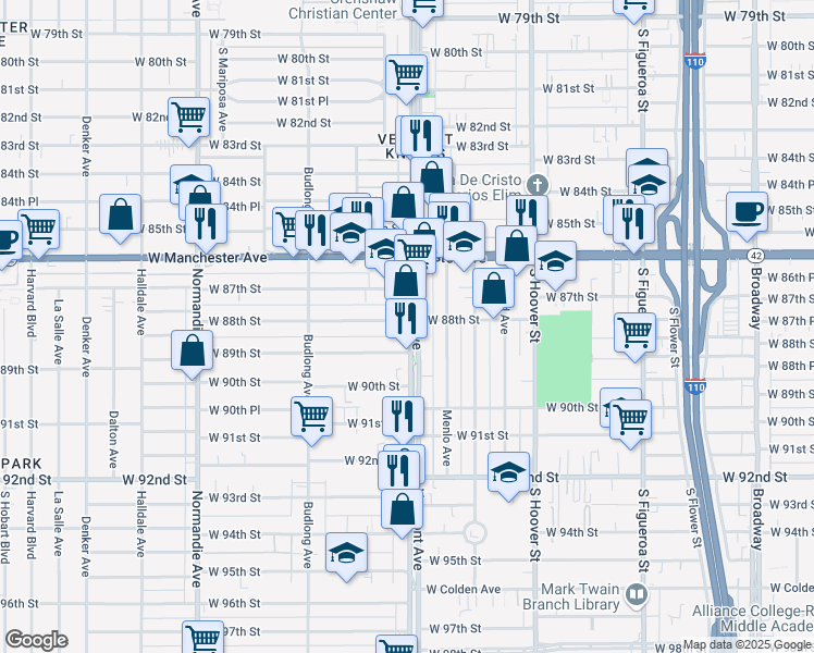 map of restaurants, bars, coffee shops, grocery stores, and more near 8801 South Vermont Avenue in Los Angeles
