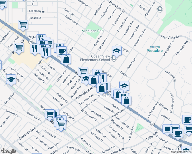 map of restaurants, bars, coffee shops, grocery stores, and more near 8621 Calmada Avenue in Whittier