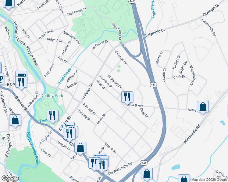 map of restaurants, bars, coffee shops, grocery stores, and more near 375 Vine Street in Athens