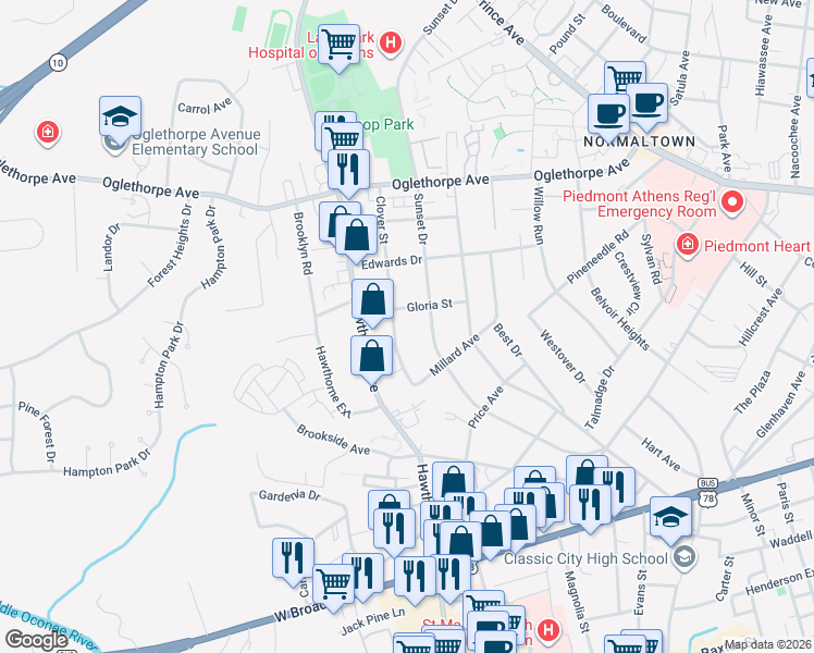 map of restaurants, bars, coffee shops, grocery stores, and more near 425 Sunset Drive in Athens