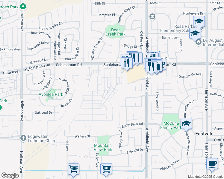 map of restaurants, bars, coffee shops, grocery stores, and more near 7169 Logsdon Drive in Corona