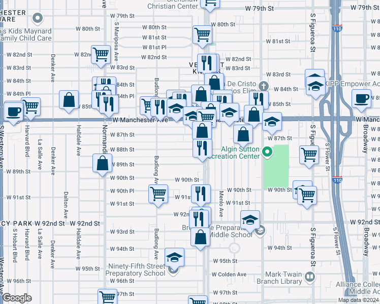 map of restaurants, bars, coffee shops, grocery stores, and more near 1030 West 88th Street in Los Angeles