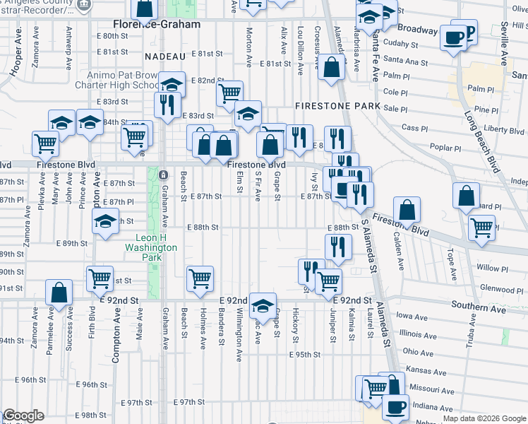 map of restaurants, bars, coffee shops, grocery stores, and more near 8741 South Fir Avenue in Los Angeles