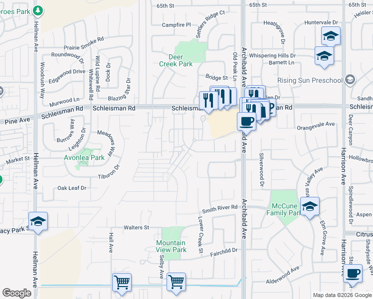 map of restaurants, bars, coffee shops, grocery stores, and more near 7169 Logsdon Drive in Corona