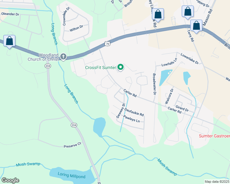 map of restaurants, bars, coffee shops, grocery stores, and more near 1225 Winyah Street in Sumter