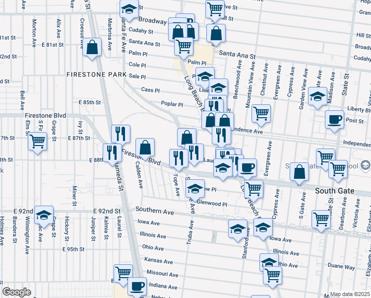 map of restaurants, bars, coffee shops, grocery stores, and more near 8801-8835 Santa Fe Avenue in South Gate