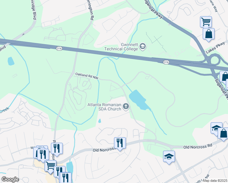 map of restaurants, bars, coffee shops, grocery stores, and more near 2180 Oakland Industrial Court in Lawrenceville