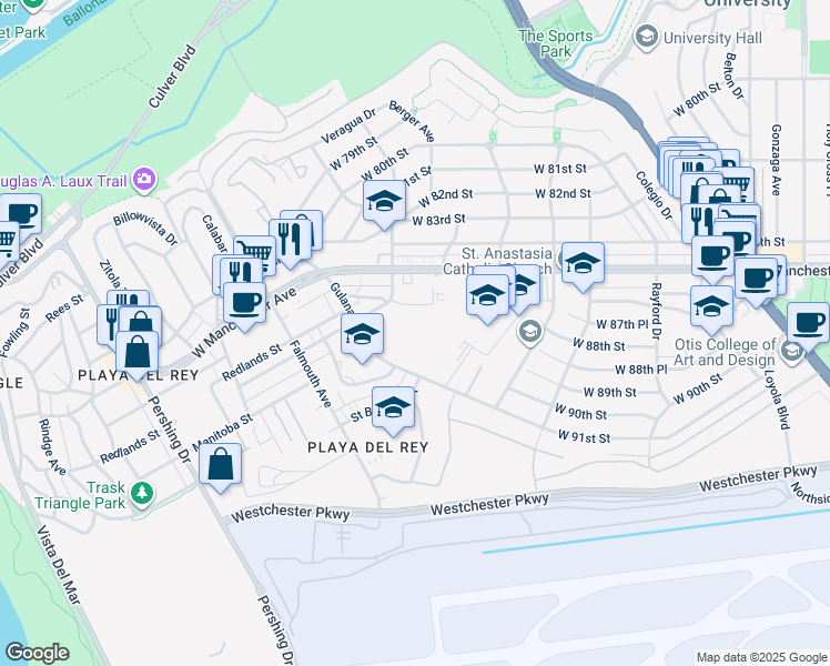 map of restaurants, bars, coffee shops, grocery stores, and more near 7740 Redlands Street in Los Angeles