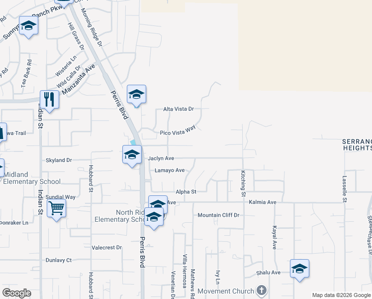 map of restaurants, bars, coffee shops, grocery stores, and more near 25231 Fran Lou Drive in Moreno Valley