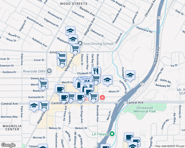 map of restaurants, bars, coffee shops, grocery stores, and more near 3550 Elizabeth Street in Riverside