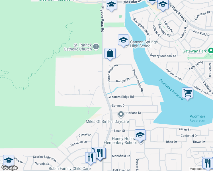 map of restaurants, bars, coffee shops, grocery stores, and more near 11237 Saddle Ridge Road in Moreno Valley