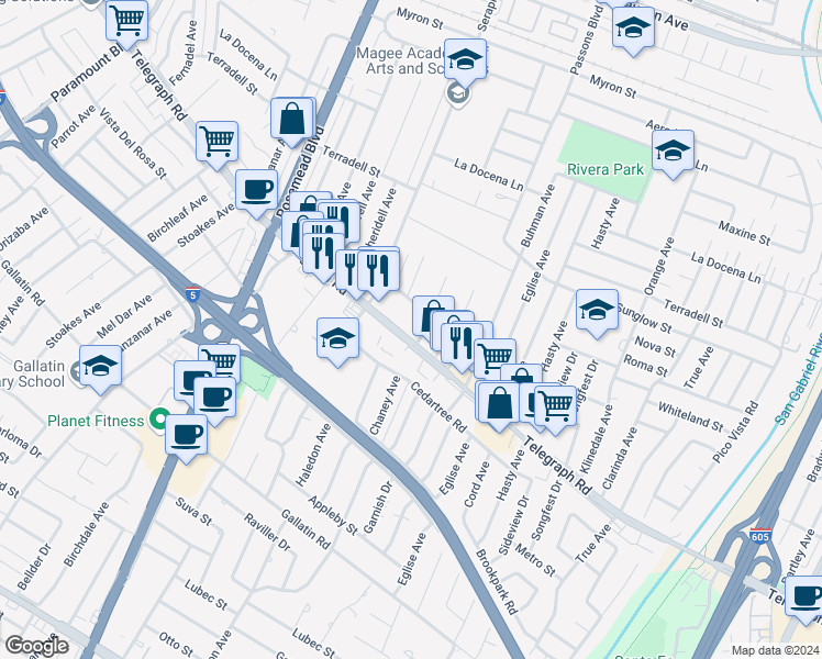 map of restaurants, bars, coffee shops, grocery stores, and more near 9253 Telegraph Road in Pico Rivera