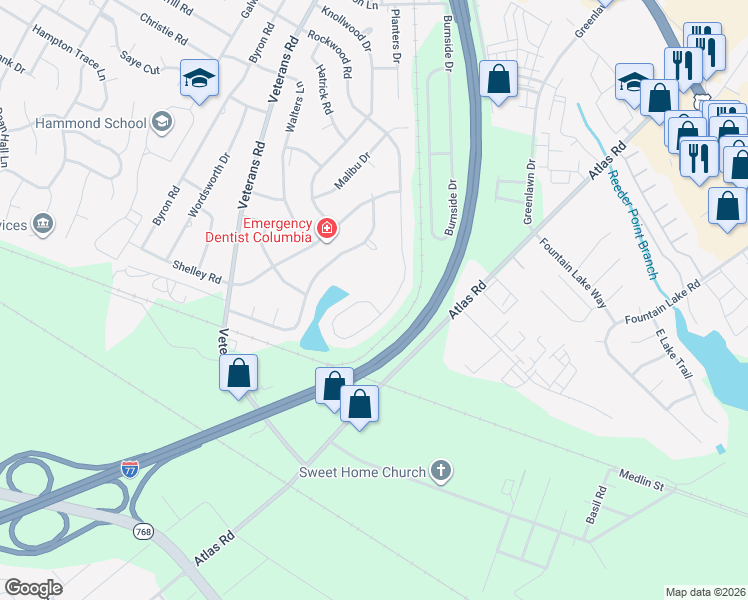 map of restaurants, bars, coffee shops, grocery stores, and more near 1276 Rockwood Road in Columbia