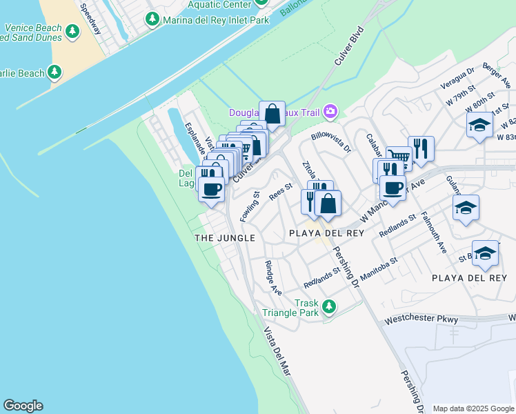 map of restaurants, bars, coffee shops, grocery stores, and more near 241 Rees Street in Los Angeles