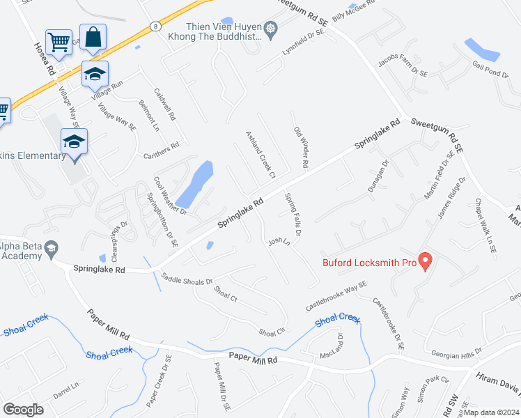 map of restaurants, bars, coffee shops, grocery stores, and more near 300 Ashland Manor Drive in Lawrenceville