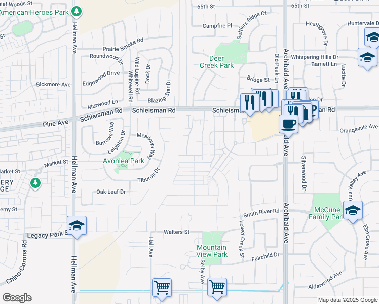 map of restaurants, bars, coffee shops, grocery stores, and more near 7069 Vernazza Place in Eastvale