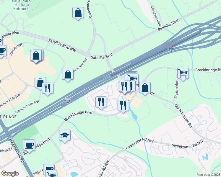 map of restaurants, bars, coffee shops, grocery stores, and more near 1966 Durwood Lane in Duluth