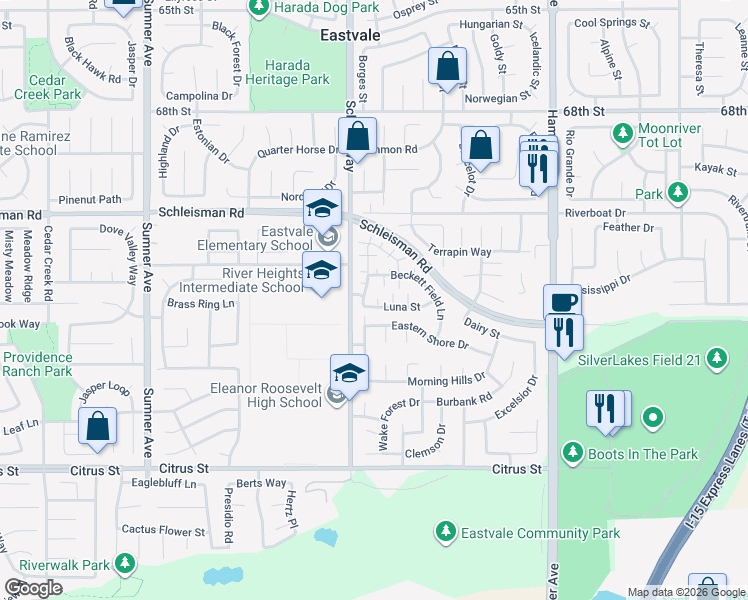 map of restaurants, bars, coffee shops, grocery stores, and more near 7116 Estrella Court in Eastvale