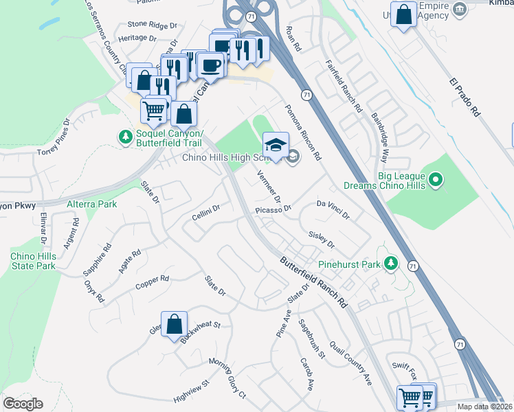 map of restaurants, bars, coffee shops, grocery stores, and more near 5290 Renoir Lane in Chino Hills