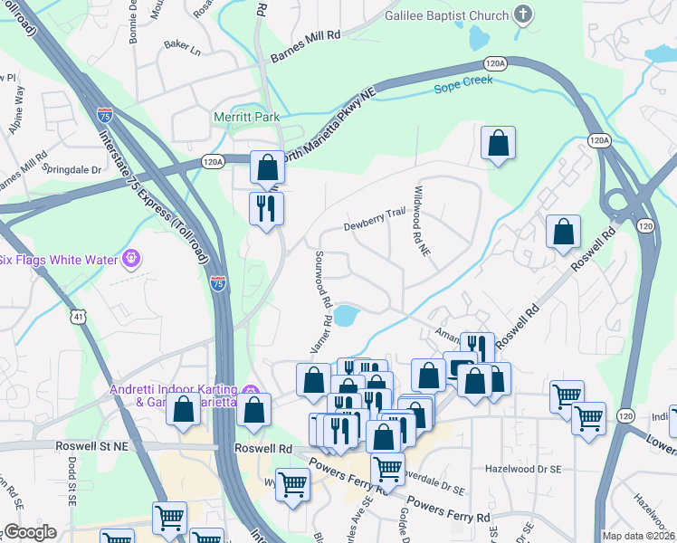 map of restaurants, bars, coffee shops, grocery stores, and more near 1384 Glencrest Drive in Marietta