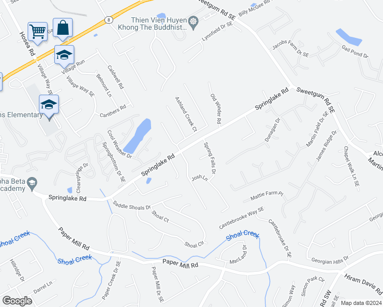 map of restaurants, bars, coffee shops, grocery stores, and more near 658 Springlake Road in Lawrenceville