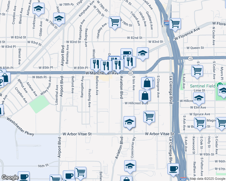 map of restaurants, bars, coffee shops, grocery stores, and more near 8600-8788 Portal Avenue in Los Angeles