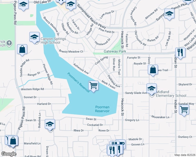 map of restaurants, bars, coffee shops, grocery stores, and more near 14625 Red Hill Road in Moreno Valley