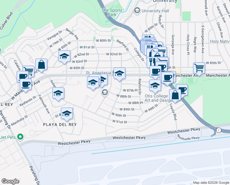 map of restaurants, bars, coffee shops, grocery stores, and more near 8701 Park Hill Drive in Los Angeles