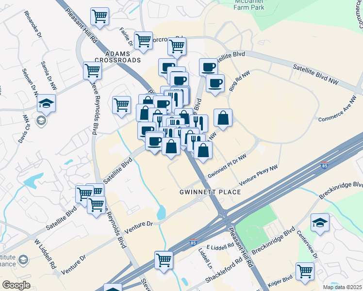 map of restaurants, bars, coffee shops, grocery stores, and more near 2100 Pleasant Hill Road in Duluth