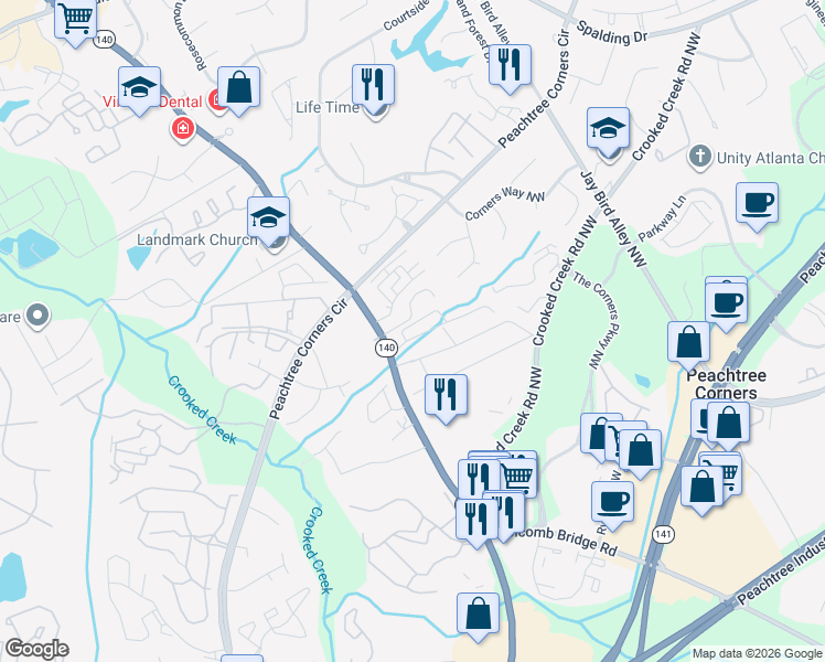 map of restaurants, bars, coffee shops, grocery stores, and more near 6217 Summit Trail in Norcross