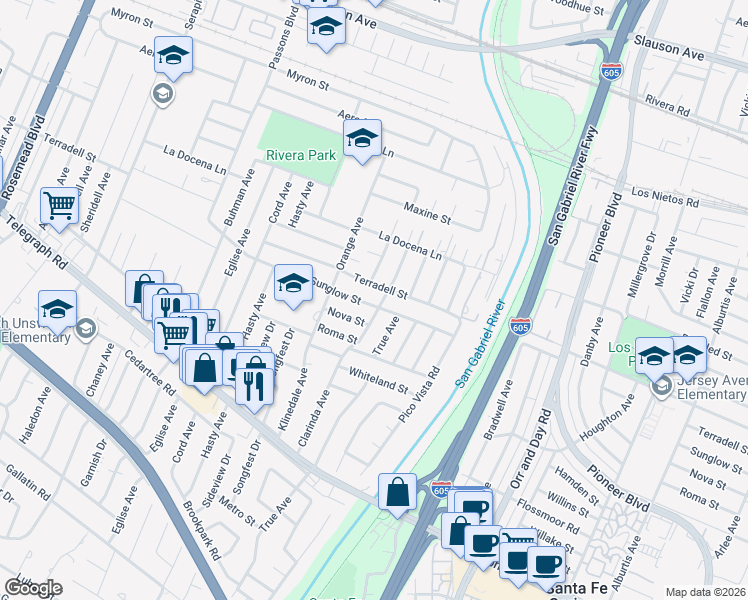map of restaurants, bars, coffee shops, grocery stores, and more near 9753 Sunglow Street in Pico Rivera