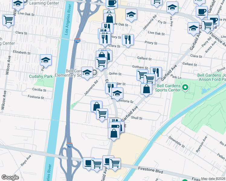map of restaurants, bars, coffee shops, grocery stores, and more near 8110 Eastern Avenue in Bell Gardens