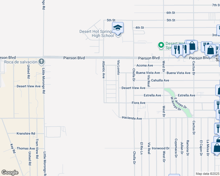 map of restaurants, bars, coffee shops, grocery stores, and more near 65565 Acoma Avenue in Desert Hot Springs