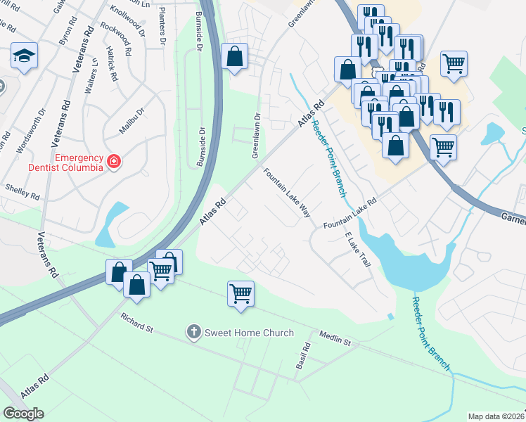 map of restaurants, bars, coffee shops, grocery stores, and more near 193 Springway Drive in Columbia