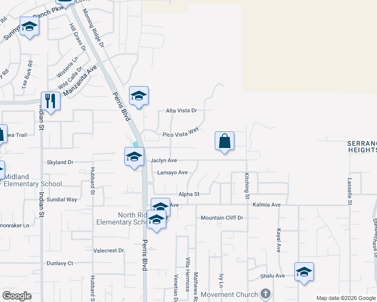 map of restaurants, bars, coffee shops, grocery stores, and more near 25231 Fran Lou Drive in Moreno Valley