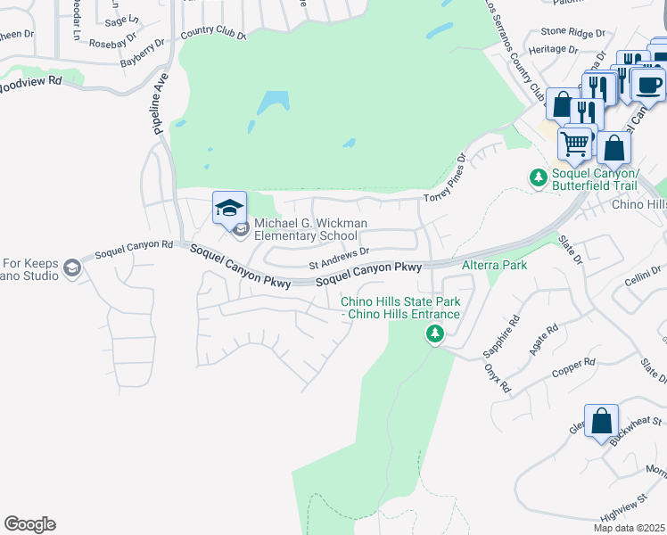 map of restaurants, bars, coffee shops, grocery stores, and more near 4443 Saint Andrews Drive in Chino Hills