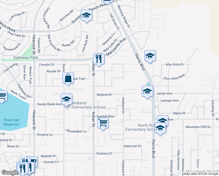 map of restaurants, bars, coffee shops, grocery stores, and more near 24637 Sunny Ridge Drive in Moreno Valley
